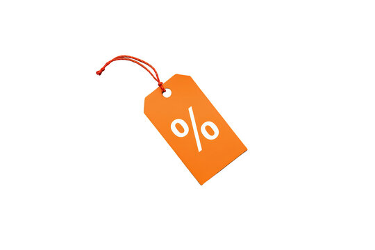 Orange discount tag showing percentage symbol, marketing sale offer, special promotion campaign, shopping price reduction concept