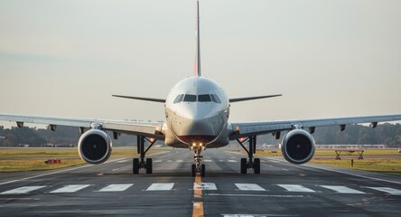 Naklejka premium Front close up of a giant airliner standing on busy airport runway for imminent takeoff