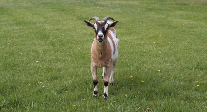 Happy pet goat enjoying a full length view on green grass lawn during a summer morning
