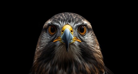 Fototapeta premium majestic view of a focused hawk close up with sharp beak and a darkened backdrop