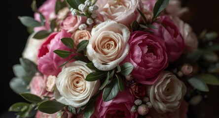 Obraz premium Macro photograph of a bridal bouquet blending peonies roses and decorative leaves
