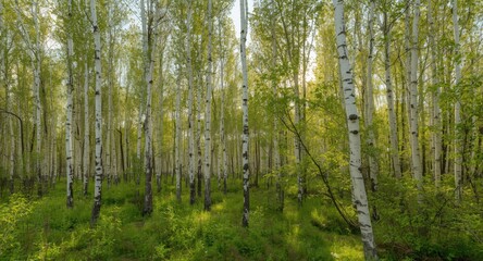 Obraz premium Panoramic summer forest with bright birch trees and fading sunlight