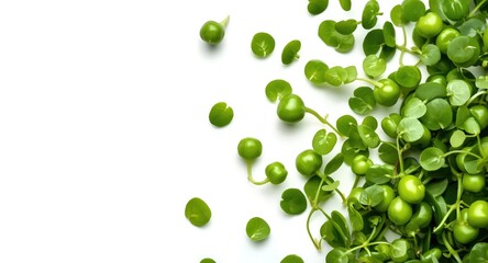 Lush pea microgreen growing on plain white background designed for copy space