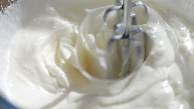 Beat the cream for the cake with a mixer. Confectionery mixture for greasing the cakes.