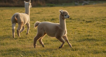 Obraz premium Energetic alpaca frolicking on vibrant grass farm field in warm daylight