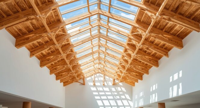 Engineered glulam wood ceiling framework with visible sky and clear copy space