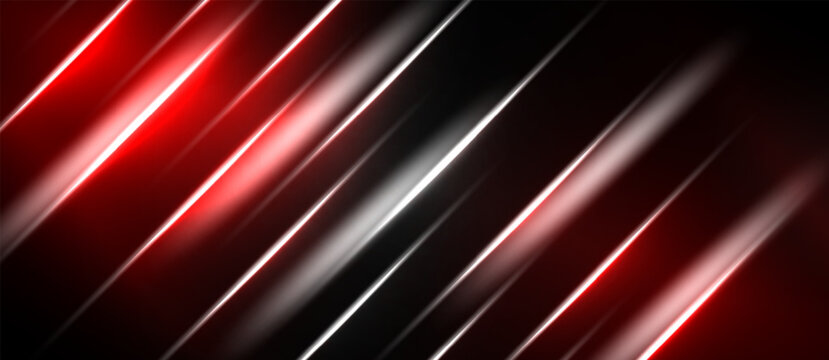 Abstract red lines diagonally cross black background. Bright highlights create dynamic visual effect. Modern design element.