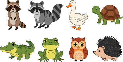 Naklejka premium Cute Cartoon Animal Collection Featuring Raccoon, Duck, Turtle, Crocodile, Frog, Owl, and Hedgehog for Kids Education, Wildlife Illustration, and Nursery Design Projects.
