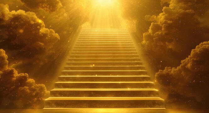 Golden luminous stairs to heaven with open copy space for text