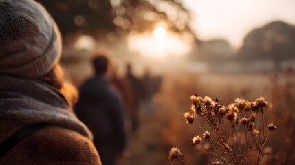 Fototapeta premium People walk along a path in a misty golden autumn landscape during sunrise with dried flora in the foreground