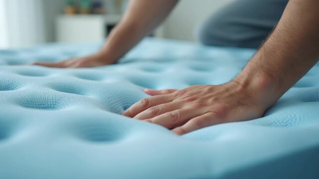 Male hands pressing on blue memory foam mattress to check firmness. Close up of man testing orthopedic bed surface texture in medical or store setting 
