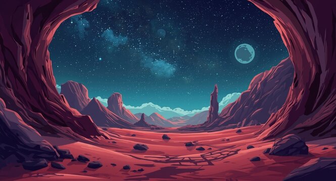 Fantasy cartoon landscape of a radiant alien desert with hills, large stones, and a cavern beneath a sparkling starry night on a red extraterrestrial world