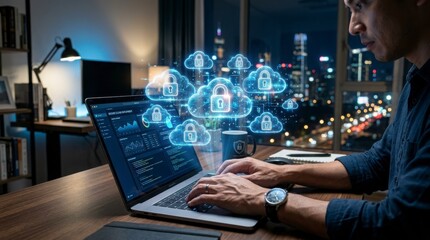 Fototapeta premium Professional developer coding with cloud computing hologram in modern office at night