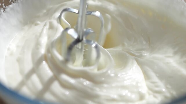 Beat the cream for the cake with a mixer. Confectionery mixture for greasing the cakes.