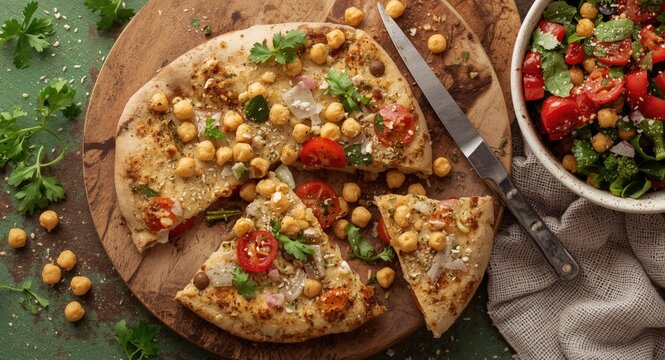 Overhead composition of chickpea socca gluten free flatbread on wooden board and green base