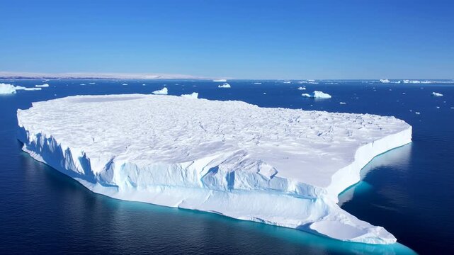 Aerial view of a massive iceberg floating in the ocean under a clear blue sky. Represents the beauty and fragility of polar environments and climate change awareness