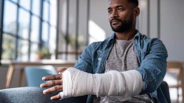 Man with white plaster cast and arm sling resting in a clinic chair