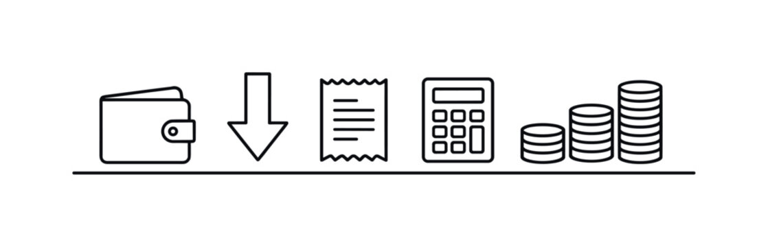 Expense control and cost optimization for improving financial efficiency and reducing unnecessary spending in everyday life or business, wallet, downward arrow, receipt, calculator