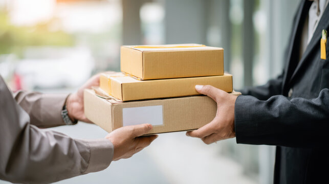 Delivery logistic package parcel shipping transportation courier business concept with two person hands exchanging cardboard box
