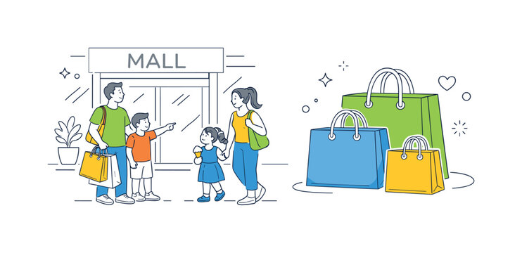 A family spending time together shopping and enjoying retail experiences in a commercial indoor space, illustrated through a mall entrance paired with simple shopping bags as a