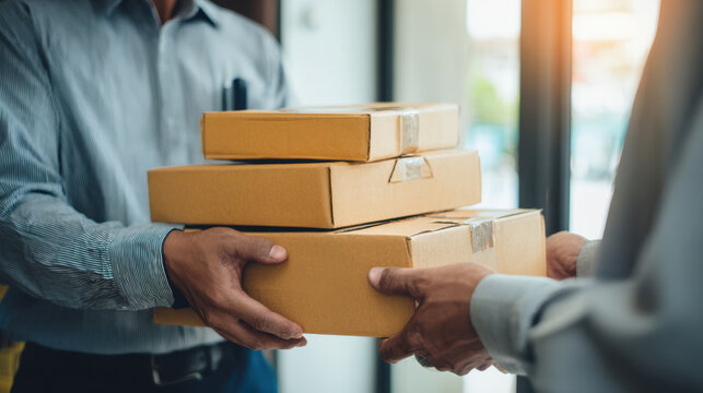Man holding cardboard box for logistic delivery in office with sunlight