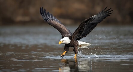 Fototapeta premium Graceful bald eagle mid flight grasping fish above calm river surface