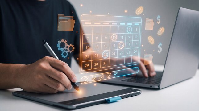 A person using a digital tablet and laptop for modern business planning