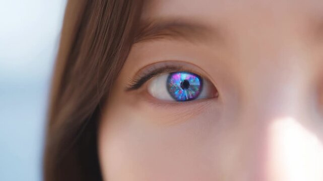 Close-up of a woman's eye showcasing vibrant colored contact lenses. Eye color transformation for fashion, beauty, and self-expression