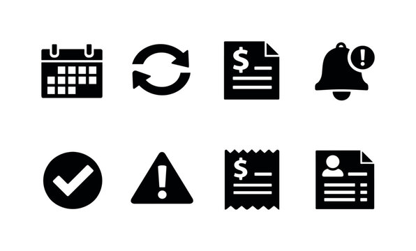 Billing cycle management: billing calendar, recurring arrows, invoice document, due reminder bell, payment confirmation, overdue alert, receipt paper, account statement