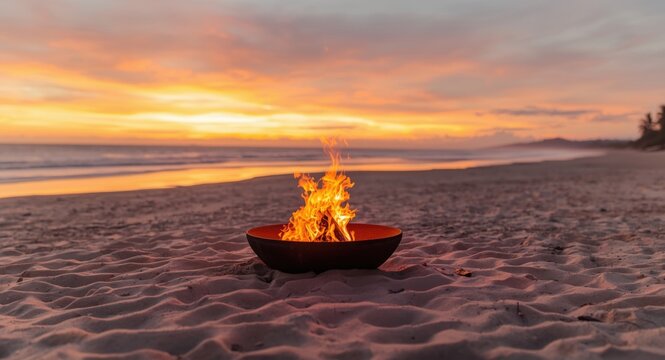 Flaming fire pit on beach sand at sunset with spacious copy space