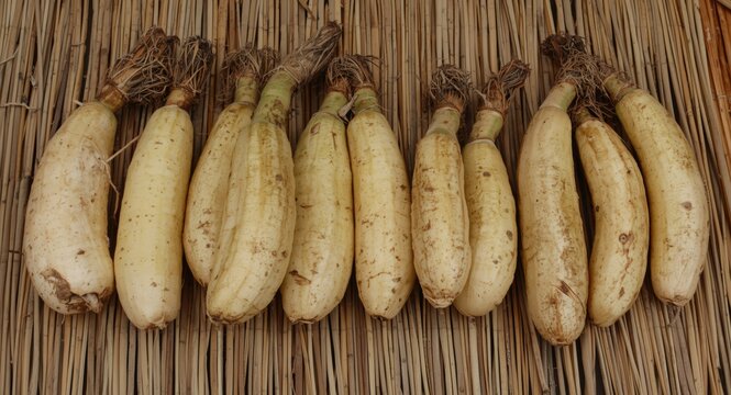 Natural malanga edible tubers arranged on natural fiber mat with roots