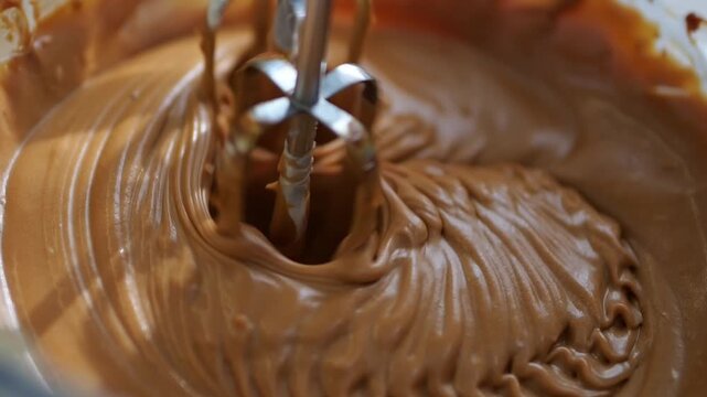 Beat the cream for the cake with a mixer. Confectionery mixture for greasing the cakes.