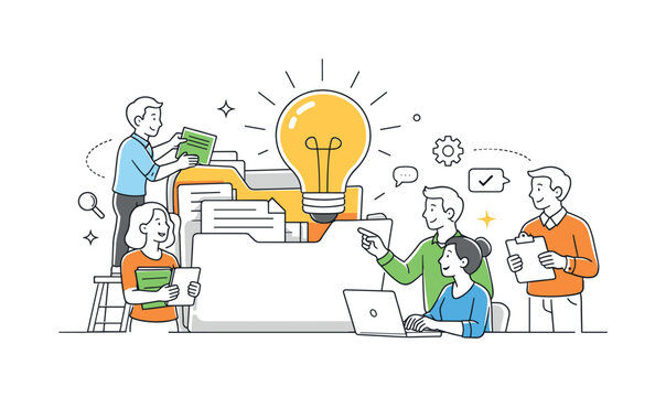 A team knowledge base and documentation management scene showing employees organizing and accessing information together around a large open folder and a simple lightbulb, using