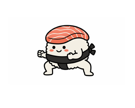 Funny cartoon sushi nigiri character as a chubby sumo wrestler, adorable kawaii salmon sushi rikishi performing a traditional shiko leg stomp, flat vector illustration isolated on white background.