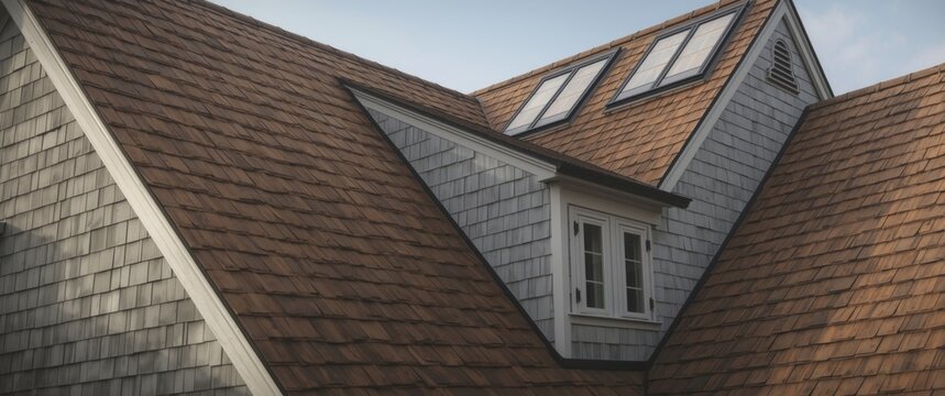 Single family home architectural detail of Dutch attic roof with shake siding and tan shingles on gable