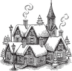 Obraz premium vintage snow covered house with church tower and street lamps