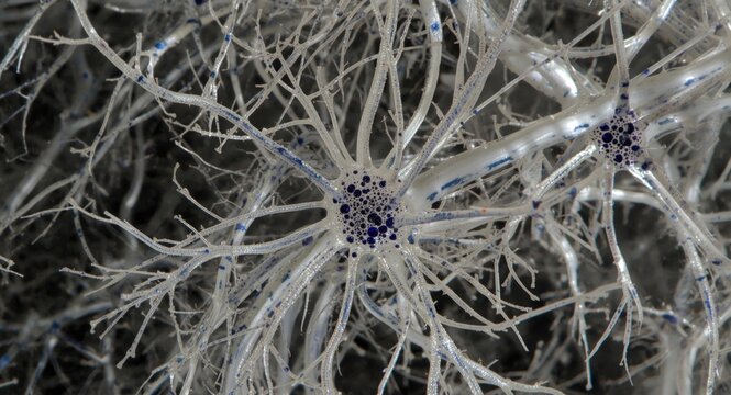 Silver chromate stained slender astrocyte processes in cerebellar white matter section