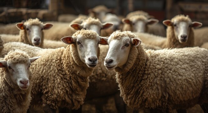 loving purebred sheep group in farmyard scene