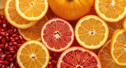 Obraz premium Selection of citrus fruits including sliced oranges pink grapefruit segments and whole pomegranates