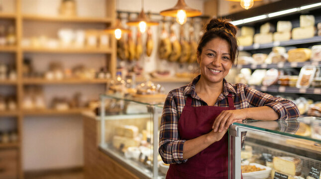 Smiling female shopkeeper wearing a plaid shirt and apron standing behind a deli counter in a gourmet cheese shop
