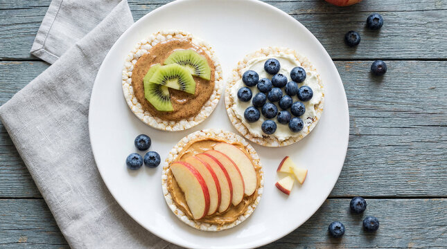 Rice cakes topped with nut butter, fresh fruit, and berries on a white plate