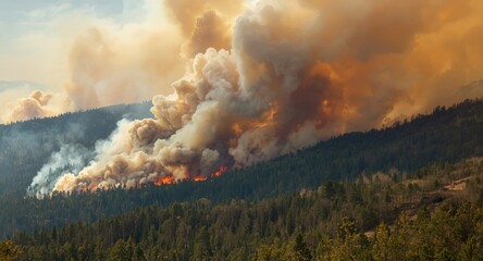 Fototapeta premium A dense smoke plume towers over a wildfire spreading swiftly through woodland on a blazing summer afternoon