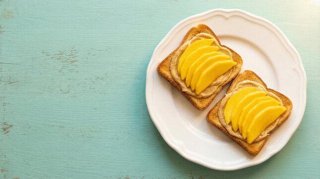 Two slices of toasted bread topped with peanut butter and fresh mango slices on a plate