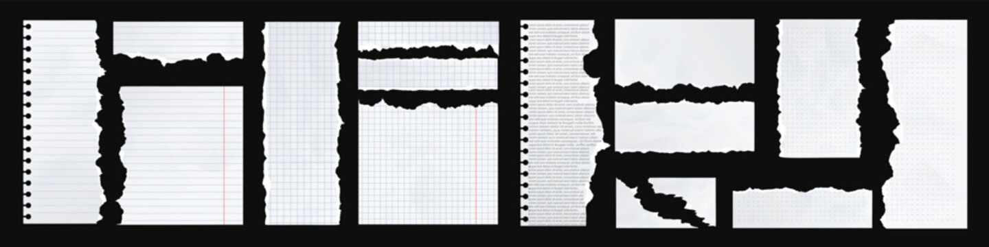 Set of ripped paper, jagged border, torn sheets paper top, collection of torn, Realistic lined and checkered sheets note paper. Blank pages of school notebook. Background paper texture