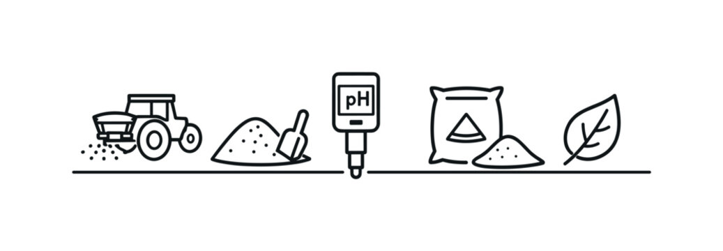 Agricultural lime application and soil pH correction for improved crop conditions and nutrient availability in farming operations, lime spreader, soil surface, pH meter, bag of