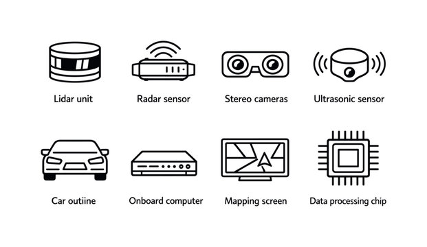 Autonomous vehicle sensors: lidar unit, radar sensor, stereo cameras, ultrasonic sensor, onboard computer, mapping screen, vehicle outline, data processing chip