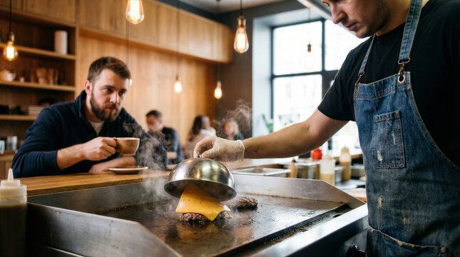 Chef preparing a cheeseburger on a hot griddle in a restaurant kitchen with a customer in the background