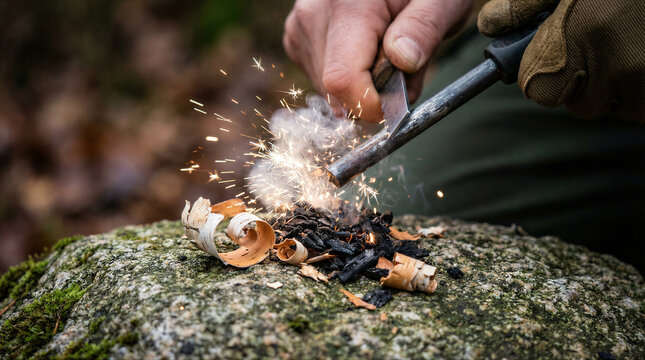 Close up of a person using a ferro rod to create sparks for a fire in the wilderness