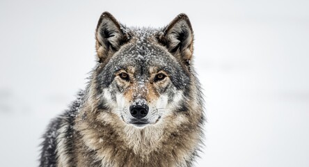Fototapeta premium Gray wolf's head dusted with snow captured against a simple white winter backdrop