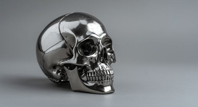 Metal endoskeleton skull head displayed on neutral gray background for image compositing
